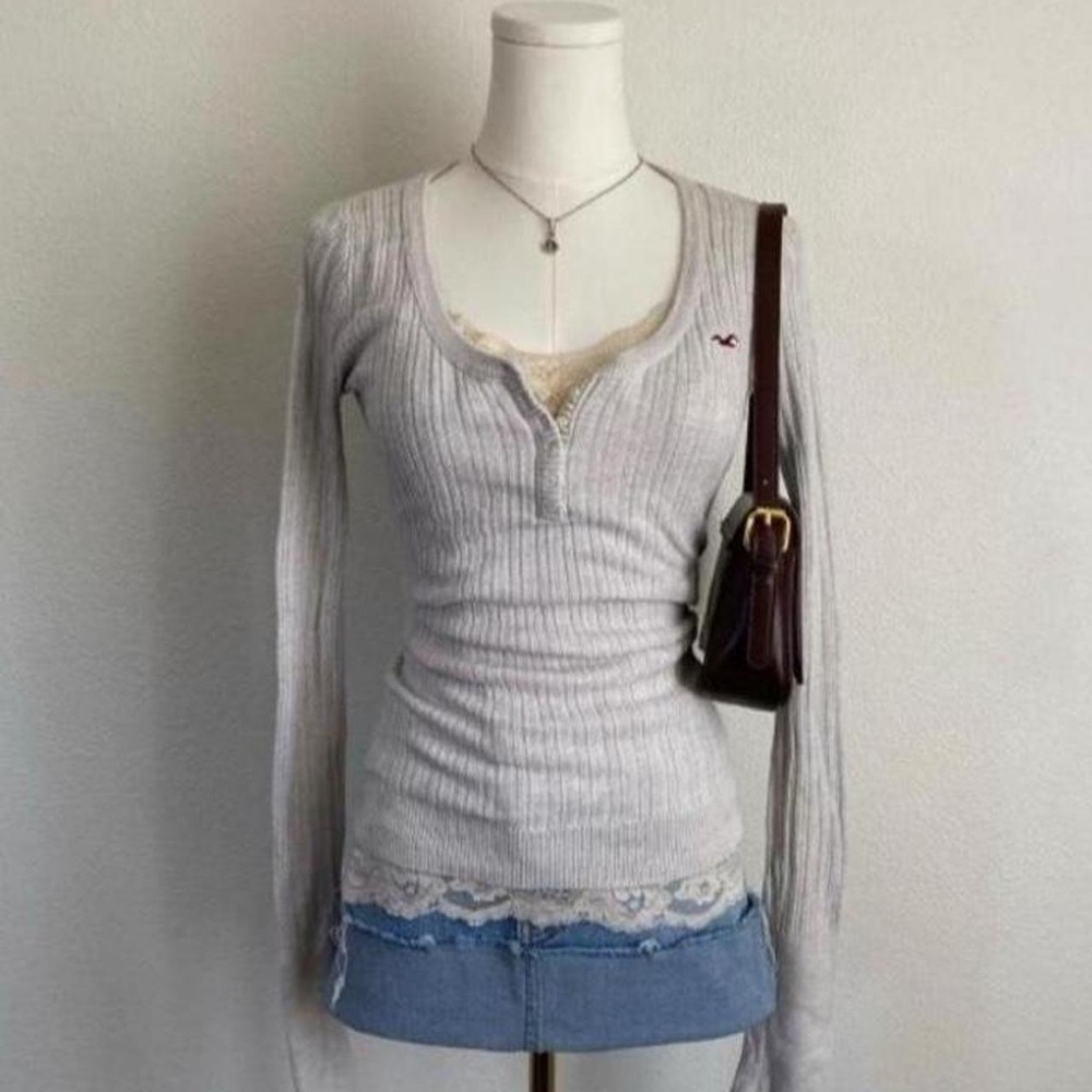 Y2K Hollister Cable Knit Long Sleeve Henley Button Top Slim Fit Cream